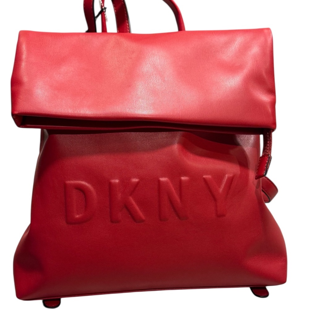 NWT DKNY Tilly Logo Foldover Backpack in cherry red faux leather Brand New
